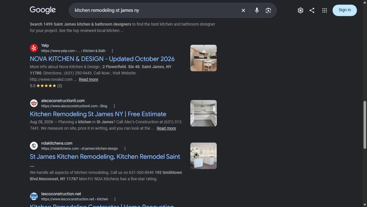 Google search for kitchen remodeling St James NY showing the NDA Kitchens St. James kitchen design page in the organic web listings, October 22, 2026.
