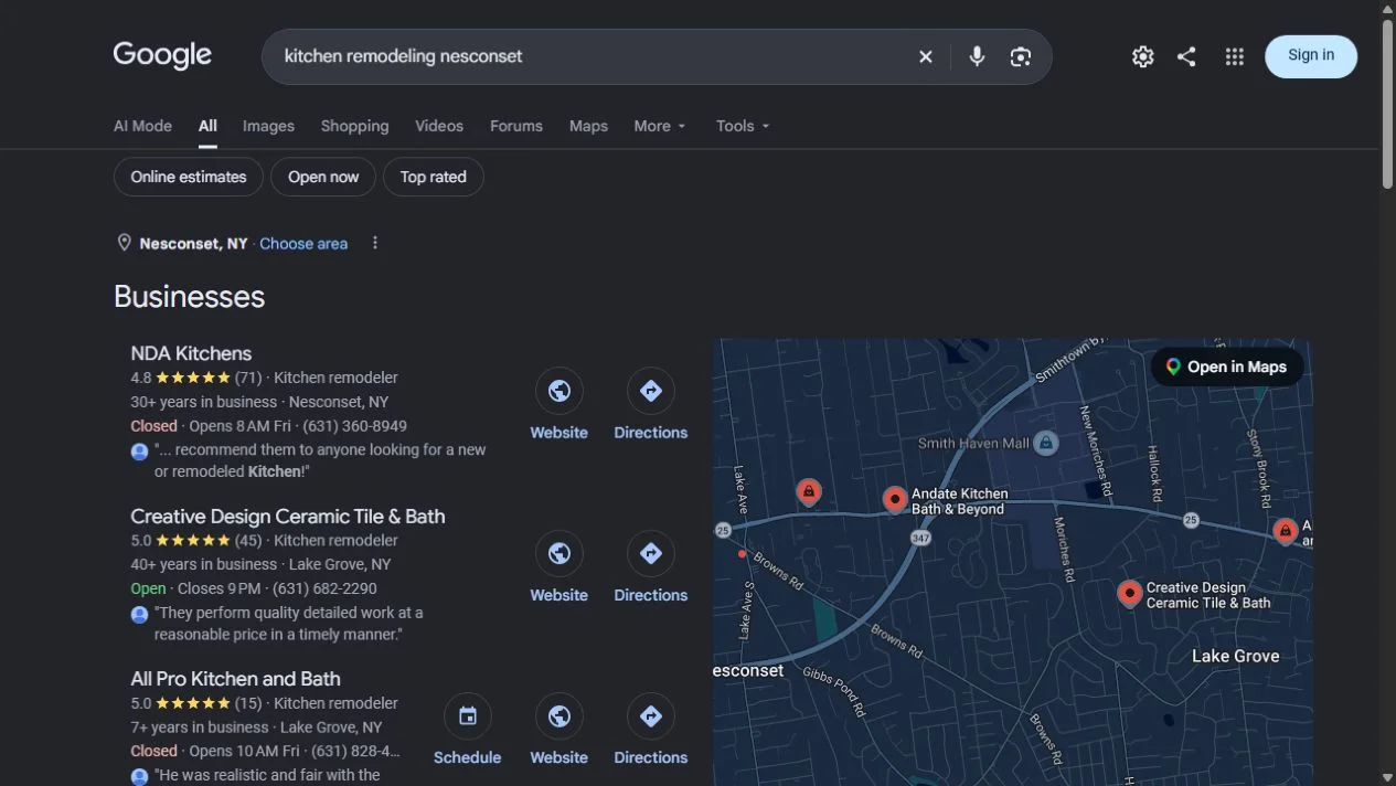 Google search for kitchen remodeling nesconset, showing NDA Kitchens first in the local business results with its reviews and a map. October 22, 2026.